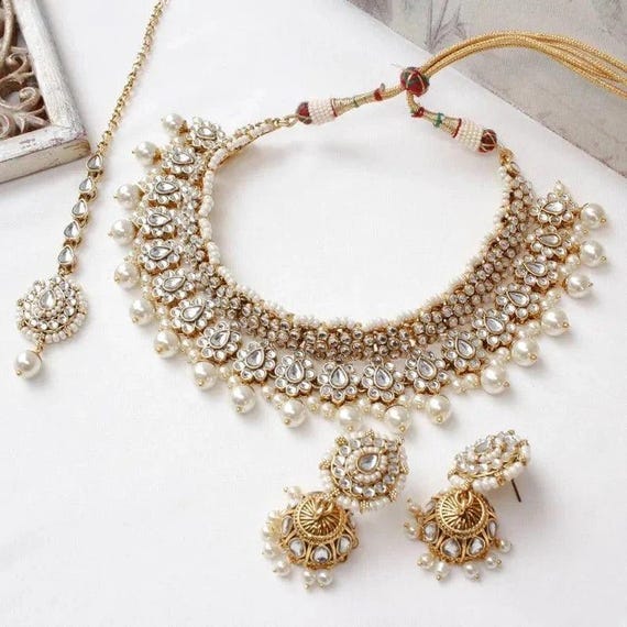 Faux Kundan Jewellery Set Necklace Jhumka Matching Tikka White Pearl Beads Wedding Reception Parties Walima Indian Pakistani Jewellery