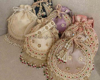 Beaded Raw Silk Potli Indian Wedding Party Bag Tassels Indian Pakistani Jewelry Accessories Cream Black Purple Pink Gold Handmade Sokora