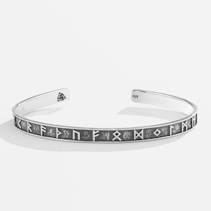 Sterling Silver Viking Cuff Bracelet - Adjustable Open Bangle with Nordic Runes