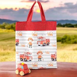 Gefütterter Kinderbeutel mit Feuerwehr und Feuerwehrjunge - Praktische Kindertasche für Einkäufe und den Kindergarten