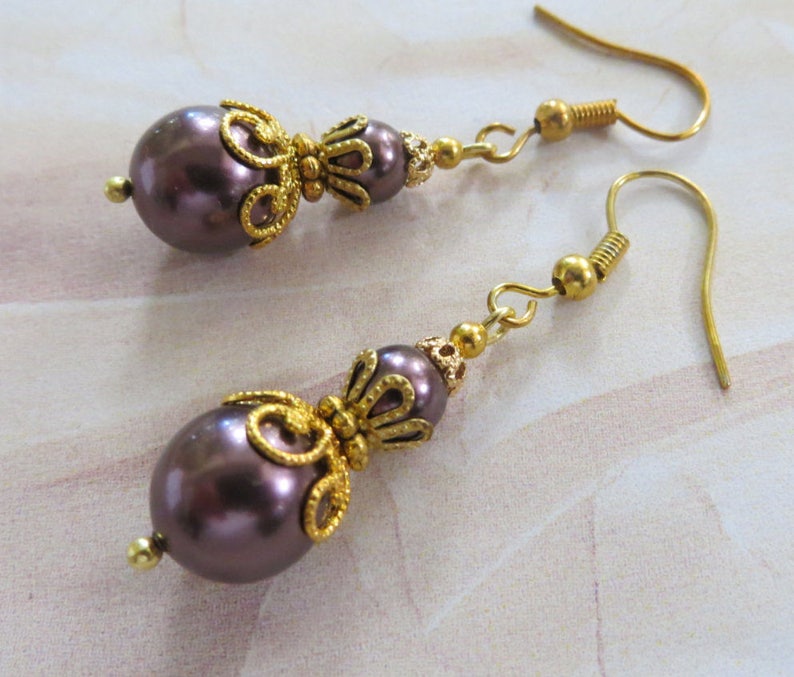 Burgundy Earrings Filigree Gold Pearl Drop Earrings Antique Jewelry Mom Gift Friendship Gift for Her Women Vintage Burgundy Pearl Earrings