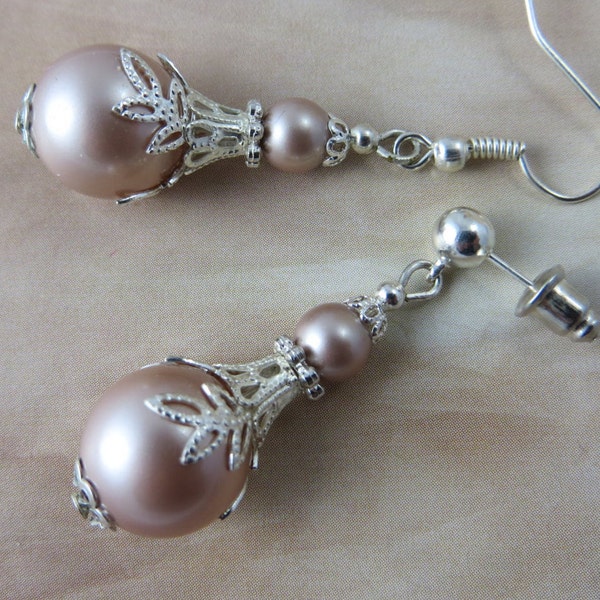 Blush Pink Pearl Earrings, Silver Filigree Leaf Bridal Earrings, Champagne Pearl Wedding Earrings, Romantic Gift, Mother of the Bride Gift