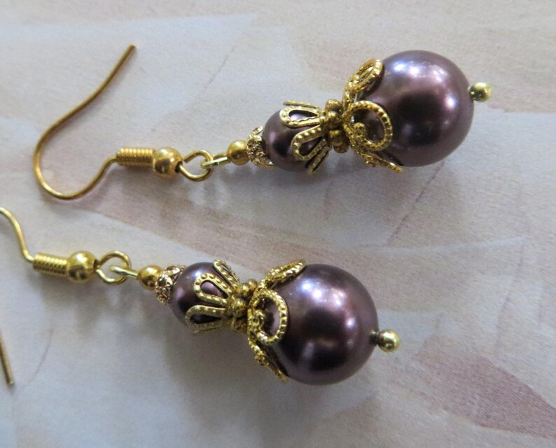 Burgundy Earrings Filigree Gold Pearl Drop Earrings Antique Jewelry Mom Gift Friendship Gift for Her Women Vintage Burgundy Pearl Earrings