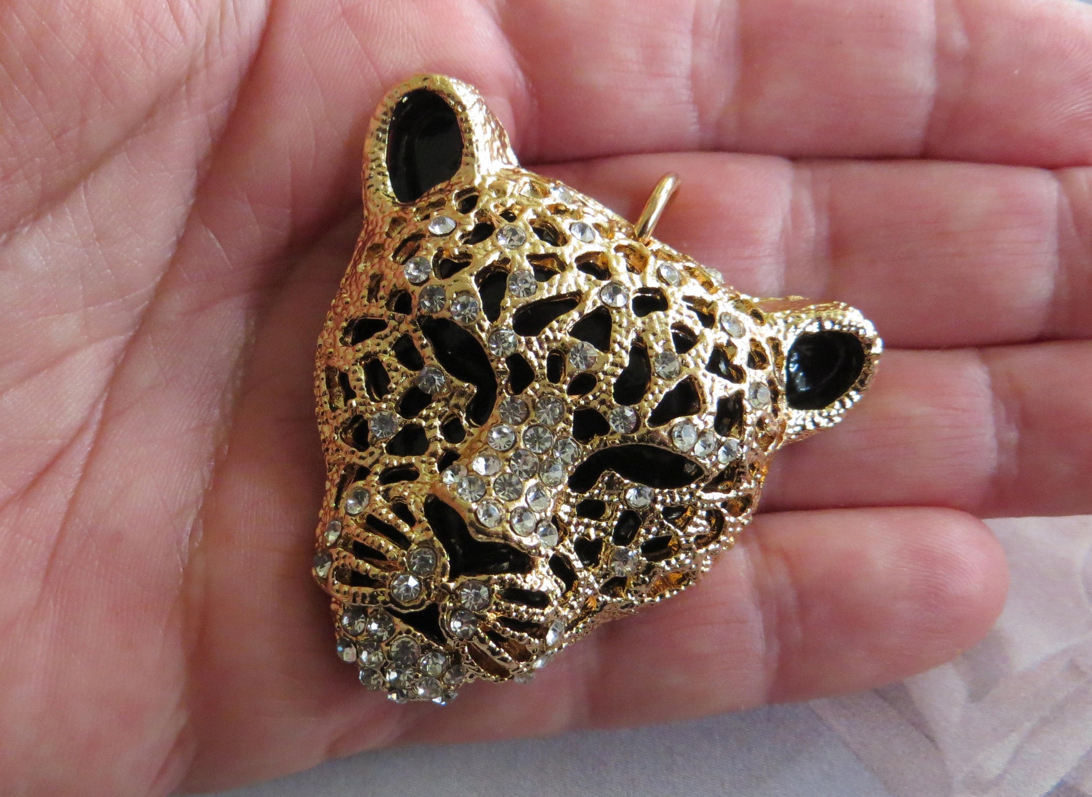 PENDANT LEOPARD CRYSTAL Bead Gold Cat Large Charm Rhinestone
