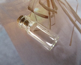 May include: A clear glass bottle with a cork stopper. The bottle is empty and has a cylindrical shape.