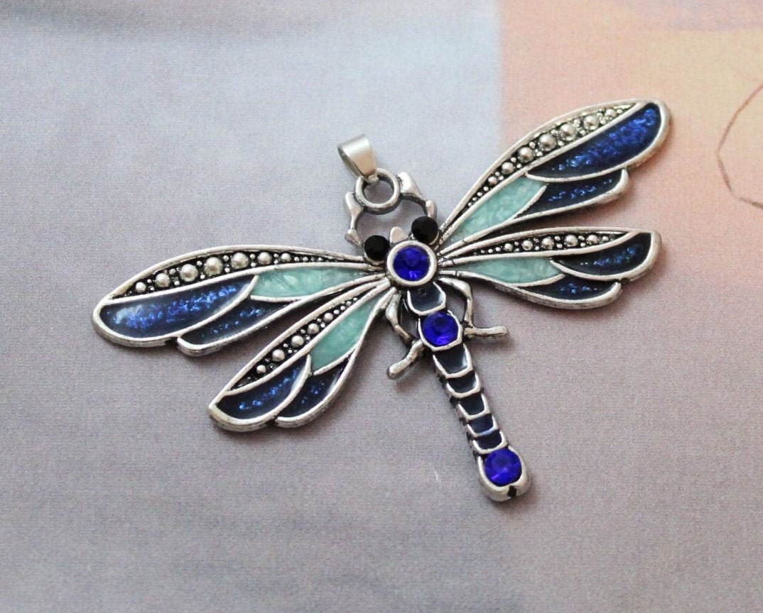 Crystal Dragonfly Pendant Blue Dragonfly Charm Antique Silver - Etsy ...