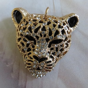 PENDANT LEOPARD CRYSTAL Bead Gold Cat Large Charm Rhinestone Metal Focal Craft Jewellery Jewelry Black Panther Necklace Unique Gift for her