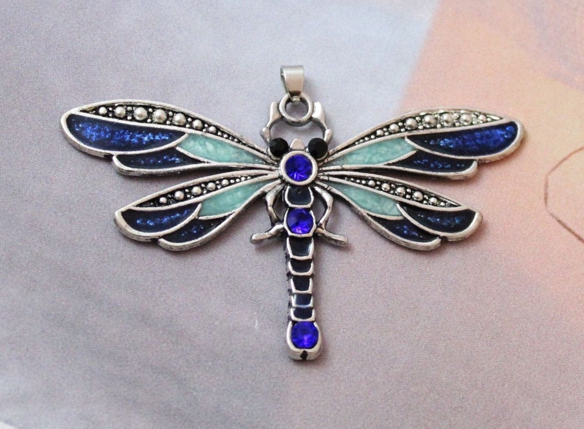 Crystal Dragonfly Pendant Blue Dragonfly Charm Antique Silver - Etsy ...