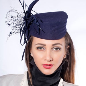 30&#39;s headpiece, Elegant felt pillbox, Retro vintage pillbox hat, Kate pillbox hat, Navy felt hat, 30&#39;s hat, Great Gatsby&#39;s hat, derby hat