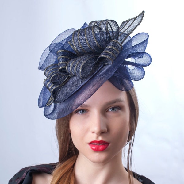 Navy fascinator hat, Royal blue hat, Kentucky derby fascinator, Ascot hat, Wedding guest headpiece, Couture millinery hat, lace derby hat