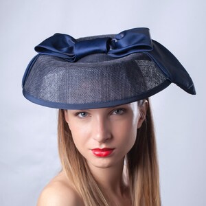 Chic navy hat, Elegant derby headpiece, Royal Ascot fascinator, Kentucky derby hat, Audrey Hepburn hat, Hat, Haute couture hat, Chic hat image 3