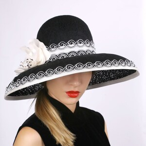 Kentucky derby hat, widebrim hat, Royal Ascot hat, Tea party hat, Black and ivory hat, Downton abbey hat, derby hat, Lace wide brim hat
