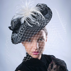 Kentucky derby headpiece, Elegant Veiled hat, Ivory and black headpiece, Royal Ascot fascinator, Kentucky derby hat, Audrey Hepburn hat image 5