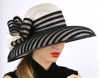 chapeau derby extraordinaire, chapeau à large bord, chapeau derby Kentucky, chapeau de fête de mariage, chapeau Royal Ascot, chapeau noir crème, chapeau derby, chapeau crème noir