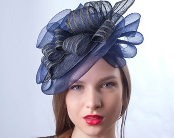 Navy fascinator hat, Royal blue hat, Kentucky derby fascinator, Ascot hat, Wedding guest headpiece, Couture millinery hat, lace derby hat