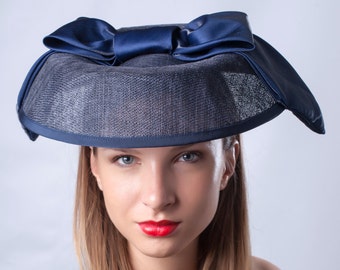 Chic navy hat, Elegant derby headpiece, Royal Ascot fascinator, Kentucky derby hat, Audrey Hepburn hat, Hat, Haute couture hat, Chic hat