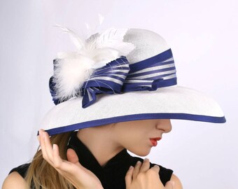 Derby hat, White widebrim hat, Summer sun hat, Kentucky derby hat, Wedding Party hat, Royal Ascot hat, Audrey Hepburn hat, elegant hat