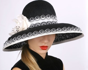 Chapéu derby de Kentucky, chapéu de aba larga, chapéu Royal Ascot, chapéu de festa do chá, chapéu preto e marfim, chapéu de abadia de Downton, chapéu derby, chapéu de aba larga de renda