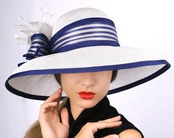 White royal blue hat, widebrim hat, Summer sun hat, Kentucky derby hat, Wedding Party hat, Royal Ascot hat, Audrey Hepburn hat, elegant hat