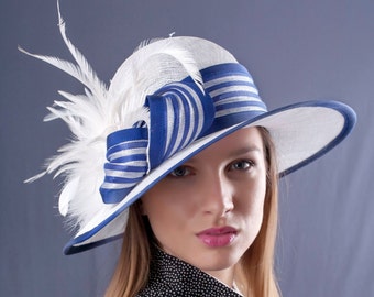 Chapéu branco azul Royal, chapéu de aba larga, chapéu de sol de verão, chapéu derby de Kentucky, chapéu de festa de casamento, chapéu Royal Ascot, chapéu estilo derby, chapéu Staetement