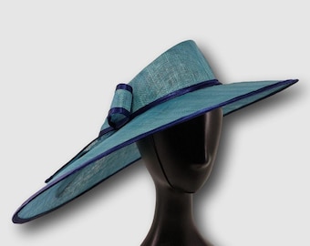 Chapéu Kentucky Derby, chapéu azul de aba larga, chapéu para chá da tarde, chapéu para festa de casamento, chapéu Royal Ascot, chapéu estilo Derby, chapéu assimétrico de aba larga,