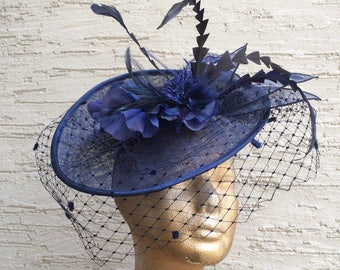 Elegant derby hat, Navy Blue hat, Royal Ascot fascinator, Kentucky derby headpiece, Elegant veiled headpiece, Melbourne cup hat, wedding hat