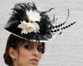 Black cream Fascinator hat, Melbourne cup hat, Royal Ascot hat, Wedding quest hat, tea party hat, couture derby fascinator, Black headpiece