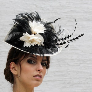 Black cream Fascinator hat, Melbourne cup hat, Royal Ascot hat, Wedding quest hat, tea party hat, couture derby fascinator, Black headpiece image 1