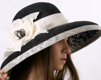 Chapéu Derby Kentucky, chapéu de aba larga, chapéu Royal Ascot, chapéu Tea Party, chapéu preto e marfim, chapéu Downton Abbey, chapéu Derby, chapéu de aba larga de renda