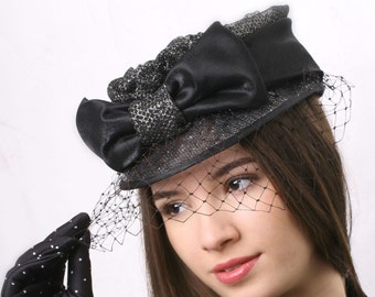 Kentucky derby hat, Royal Ascot Fascinator, Wedding guest hat, Occasion headpiece, Haute Couture Cap, Black silver hat, Veiled fascinator