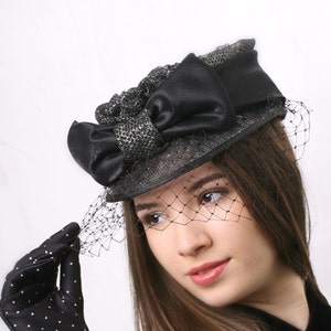 Kentucky derby hat, Royal Ascot Fascinator, Wedding guest hat, Occasion headpiece, Haute Couture Cap, Black silver hat, Veiled fascinator