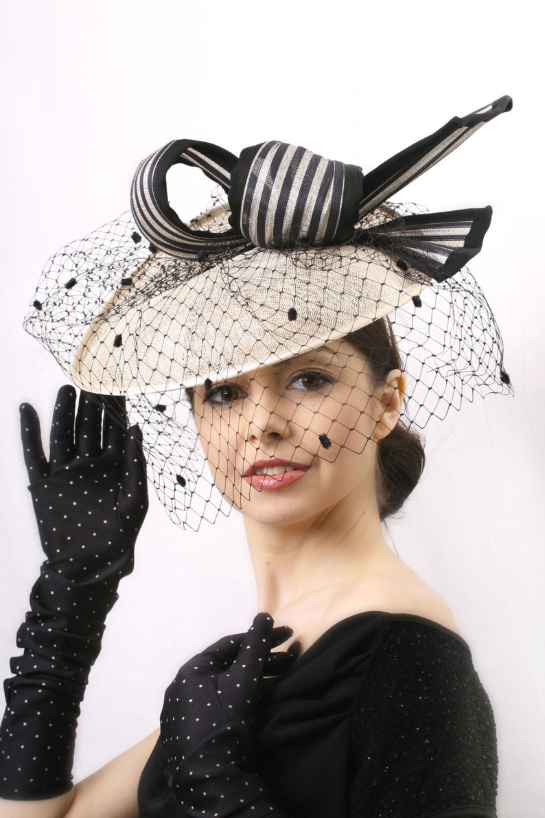 Kentucky derby headpiece, Elegant Veiled hat, Ivory and black headpiece, Royal Ascot fascinator, Kentucky derby hat, Audrey Hepburn hat image 1