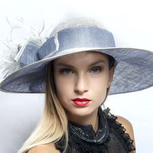 Melbourne Cup Hat, Kentucky derby hat, Ascot wide brim hat, award winning hat, ascot hat, Wedding Party hat, Audrey Hepburn hat, elegant hat Light blue and white