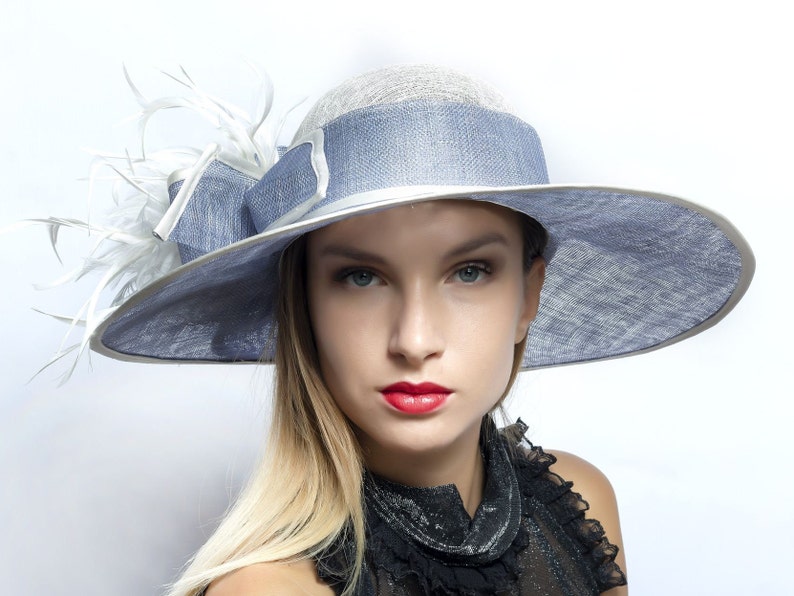 Melbourne Cup Hat, Kentucky derby hat, Ascot wide brim hat, award winning hat, ascot hat, Wedding Party hat, Audrey Hepburn hat, elegant hat Light blue and white