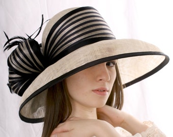 Chapéu Derby de Kentucky, chapéu preto com marfim, chapéu de aba larga, chapéu para chá, chapéu para festa de casamento, chapéu Royal Ascot, chapéu estilo Derby, chapéu eduardiano