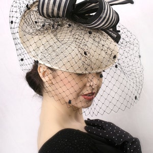 Kentucky derby headpiece, Elegant Veiled hat, Ivory and black headpiece, Royal Ascot fascinator, Kentucky derby hat, Audrey Hepburn hat image 3