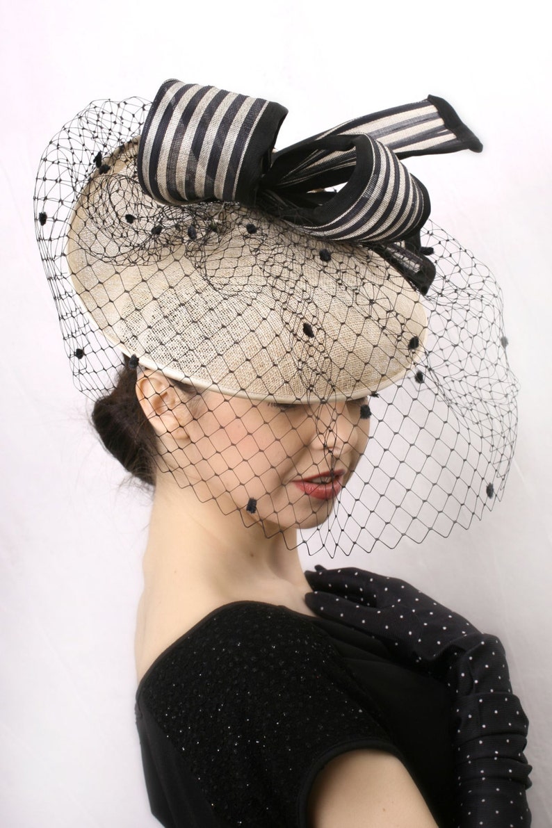 Kentucky derby headpiece, Elegant Veiled hat, Ivory and black headpiece, Royal Ascot fascinator, Kentucky derby hat, Audrey Hepburn hat image 3