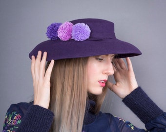 Audrey style hat, Purple felt headpiece, Royal Ascot fascinator, Kentucky derby hat, Audrey Hepburn hat, Hat, Haute couture hat, Chic hat