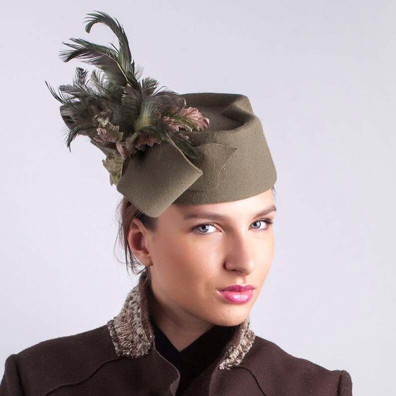 Elegant Felt Pillbox Khaki Green Pillbox Kate Pillbox Hat Etsy