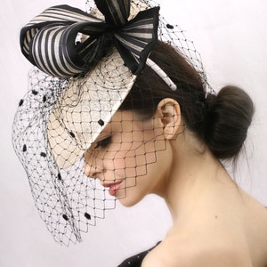 Kentucky derby headpiece, Elegant Veiled hat, Ivory and black headpiece, Royal Ascot fascinator, Kentucky derby hat, Audrey Hepburn hat image 4