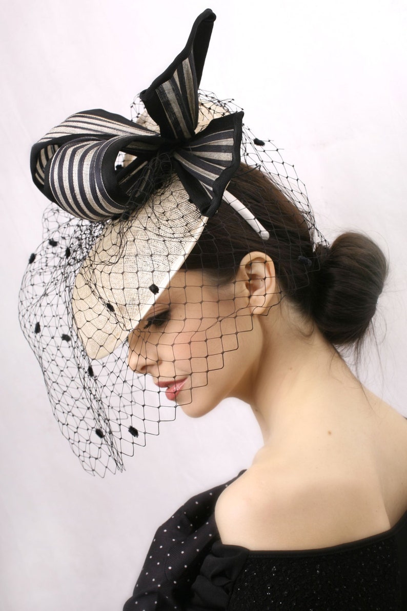 Kentucky derby headpiece, Elegant Veiled hat, Ivory and black headpiece, Royal Ascot fascinator, Kentucky derby hat, Audrey Hepburn hat image 4