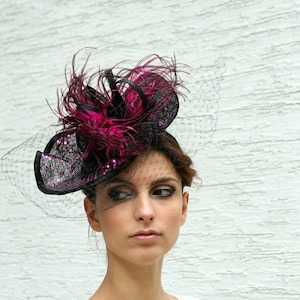 Hot Purple Hat, Veiled fascinator, Royal Ascot fascinator, Kentucky derby Hat, Melbourne cup headpiece, Haute Couture hat, tea party hat