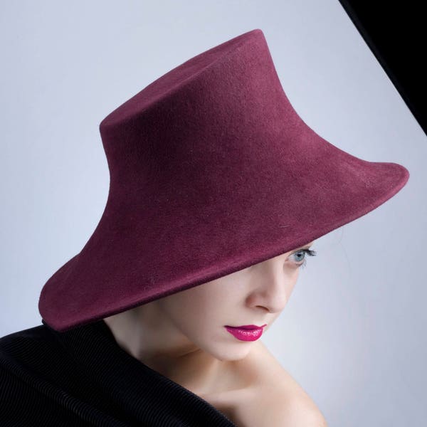 Haute couture hat, red wine hat, rabbit felt hat, occasion hat, winter derby hat, tea party hat, race hat, royal ascot hat, derby headpiece