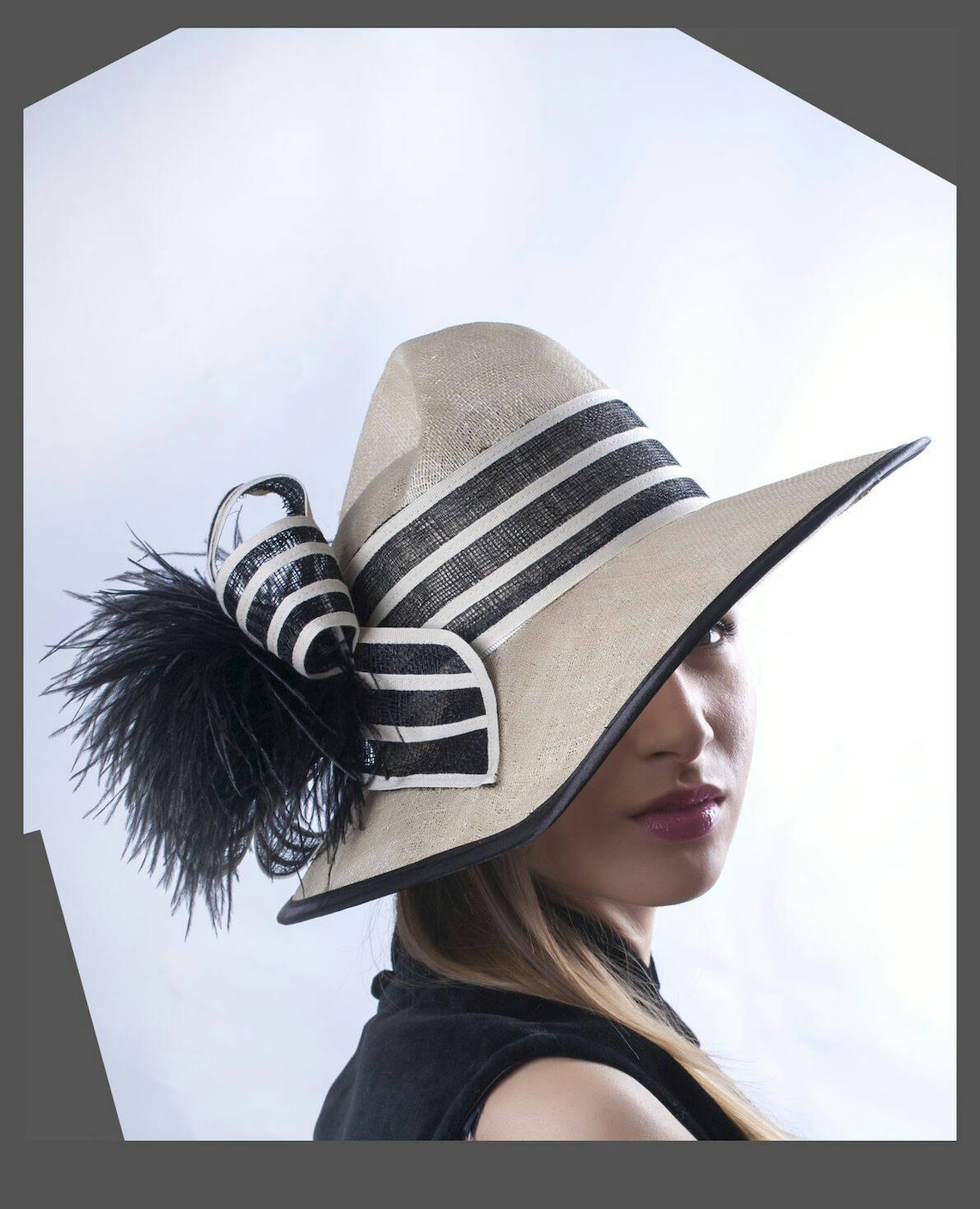 Melbourne Cup Hat, Cream and Black Hat, Summer Sun Hat, Kentucky Derby