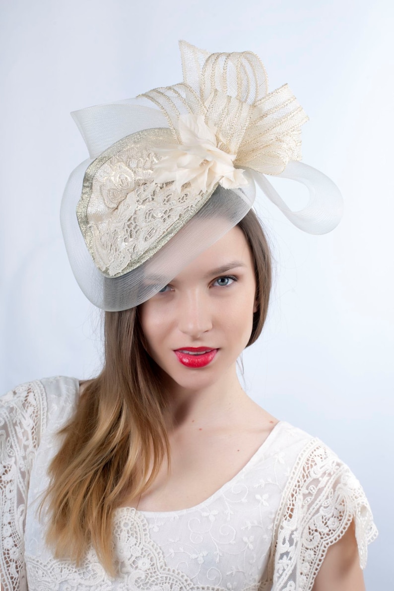 Cream Wedding Hat, Wedding Headpiece, Romantic Hat, Ivory Gold