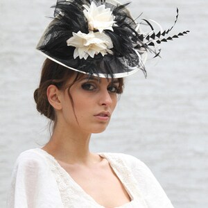 Black cream Fascinator hat, Melbourne cup hat, Royal Ascot hat, Wedding quest hat, tea party hat, couture derby fascinator, Black headpiece image 3