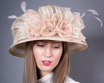 Cream Edwardian hat, Kentucky derby hat, Wedding Party hat, Royal Ascot hat, derby style hat, Tea Party hat, Victorian hat, cream pink hat