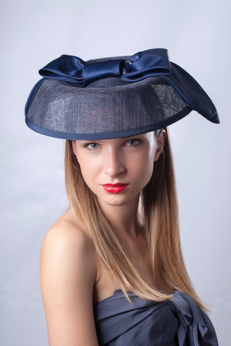 Chic navy hat, Elegant derby headpiece, Royal Ascot fascinator, Kentucky derby hat, Audrey Hepburn hat, Hat, Haute couture hat, Chic hat image 3