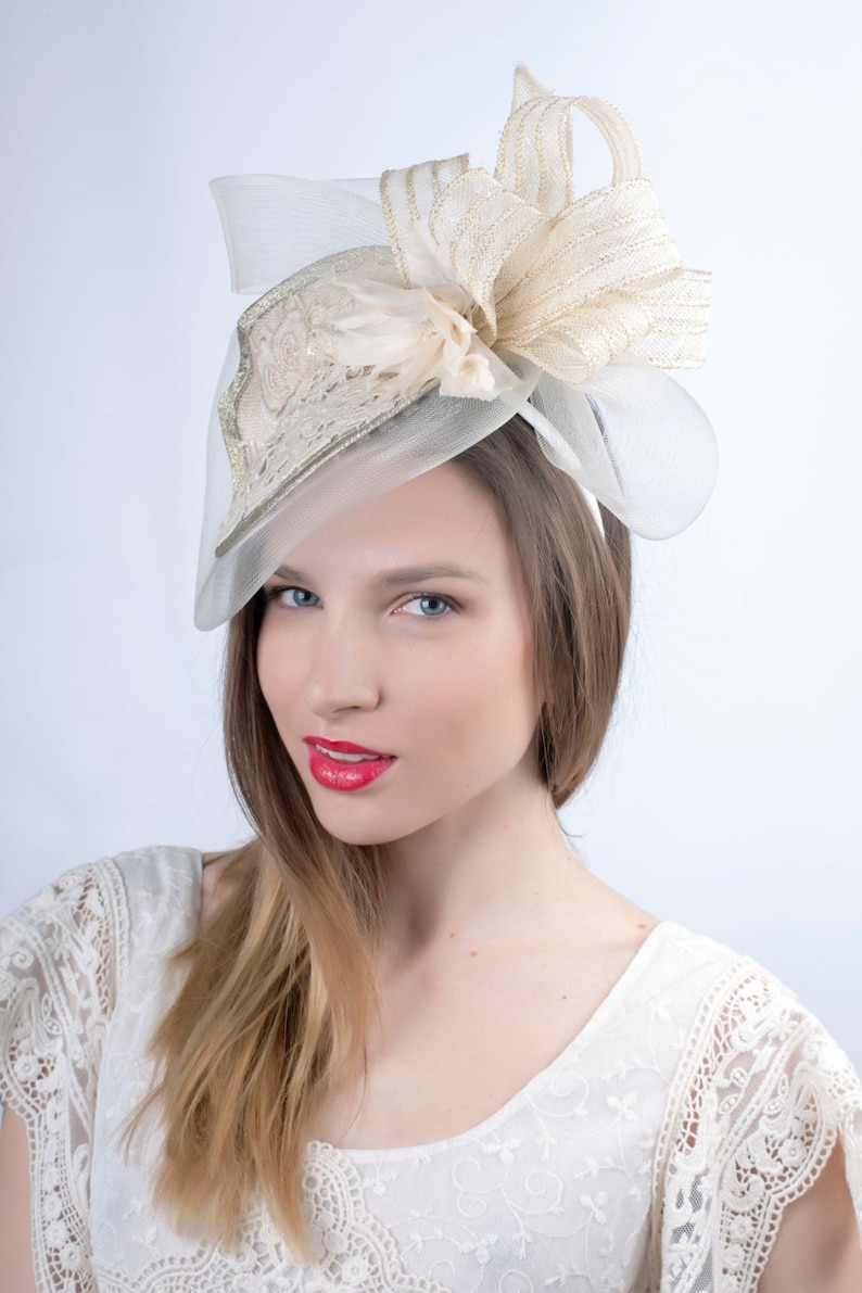 Cream Wedding Hat, Wedding Headpiece, Romantic Hat, Ivory Gold