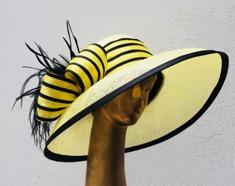 Chapéu Kentucky Derby, amarelo com chapéu preto, chapéu de aba larga, chapéu para chá, chapéu para festa de casamento, chapéu Royal Ascot, chapéu estilo Derby, chapéu eduardiano